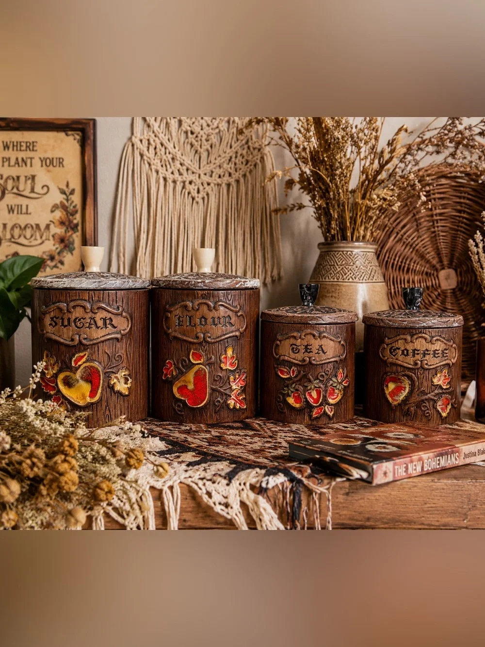 Vintage Treasure Craft USA 4-Piece Canister Set Handmade Boho Farmhouse